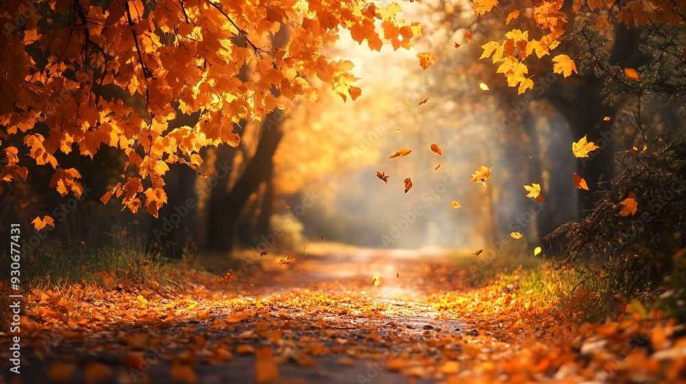 A serene autumn scene with vibrant orange leaves and a winding path. A serene autumn scene with vibrant orange leaves and a winding path.