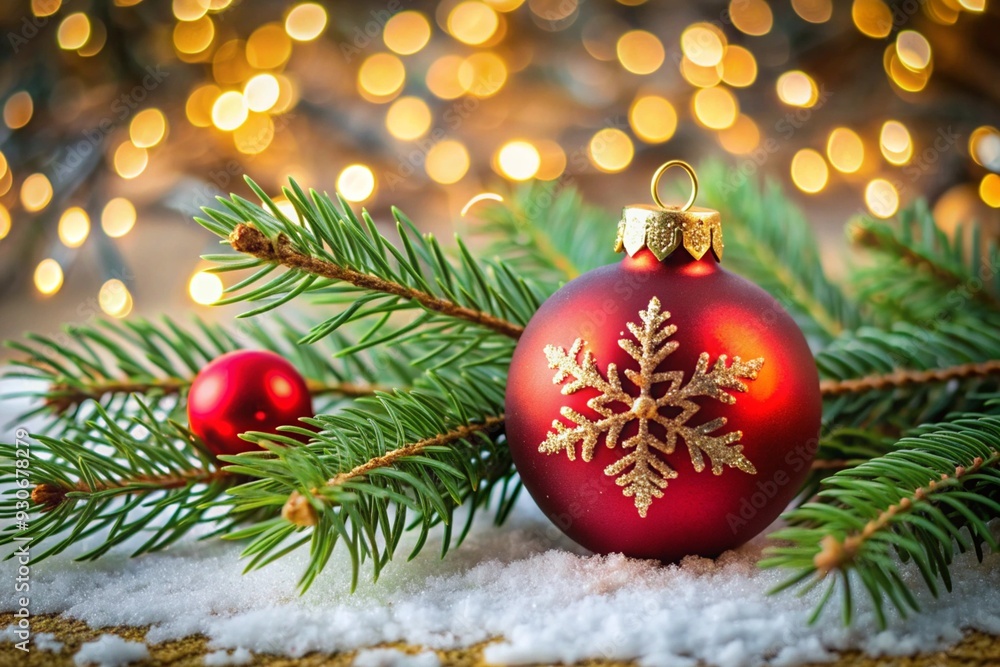 A red Christmas ornament with a snowflake design sits on a table covered in snow A red Christmas ornament with a snowflake design sits on a table covered in snow