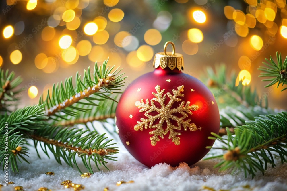 A red Christmas ornament with a snowflake design sits on a table covered in snow A red Christmas ornament with a snowflake design sits on a table covered in snow