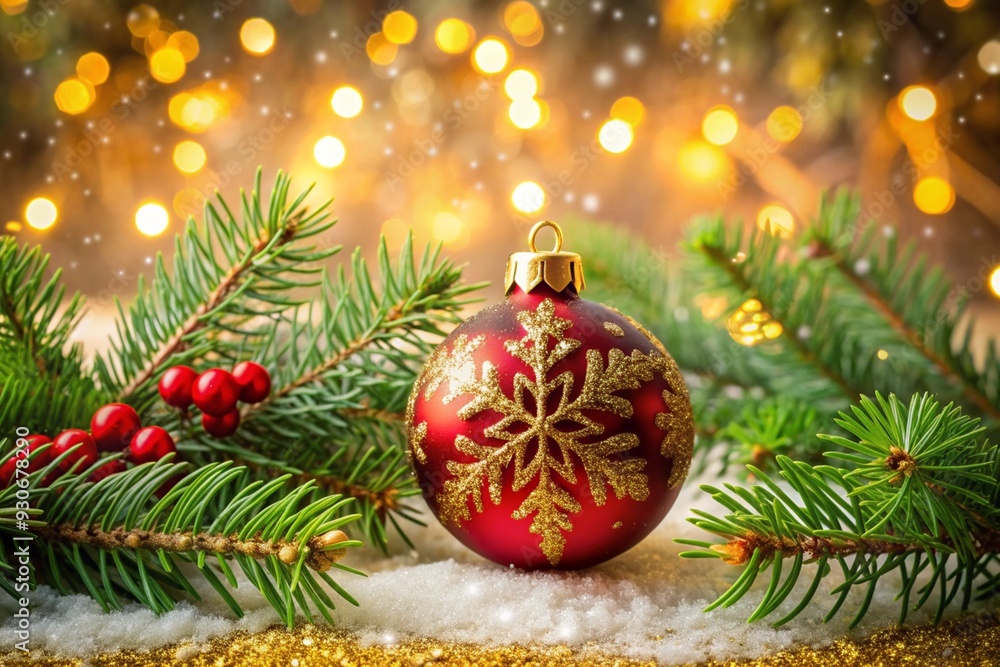 A red Christmas ornament with a snowflake design sits on a table covered in snow A red Christmas ornament with a snowflake design sits on a table covered in snow