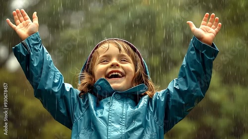A joyful child in a blue rain jacket enjoying the rain under grey skies