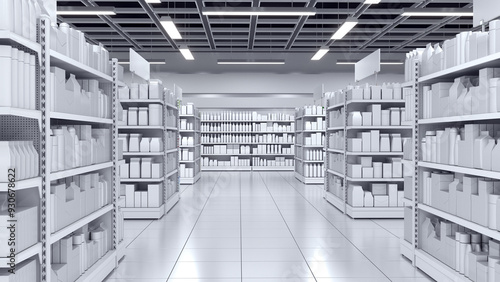 Fotografija Supermarket interior mockup with aisle between shelving of blank goods