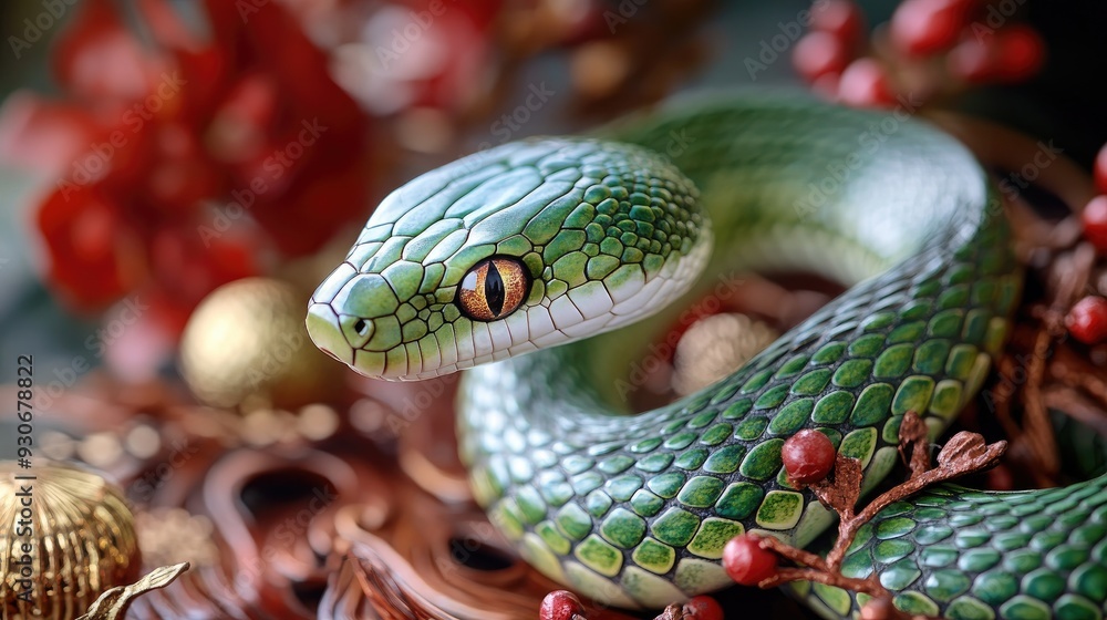 Close-up of Vibrant Green Snake on Natural Background with Red Berries Close-up of Vibrant Green Snake on Natural Background with Red Berries