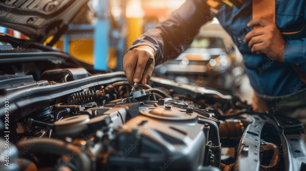 A mechanic utilizes diagnostic tools to troubleshoot and repair an engine in an automotive workshop. Generative AI A mechanic utilizes diagnostic tools to troubleshoot and repair an engine in an automotive workshop. Generative AI