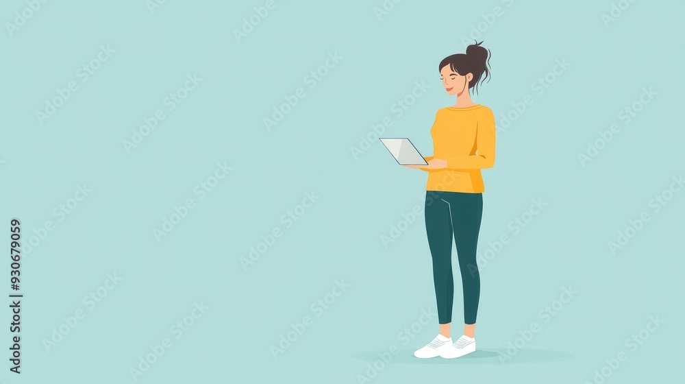 Young Woman Standing with Tablet - Modern Digital Lifestyle Illustration on Pastel Background Young Woman Standing with Tablet - Modern Digital Lifestyle Illustration on Pastel Background