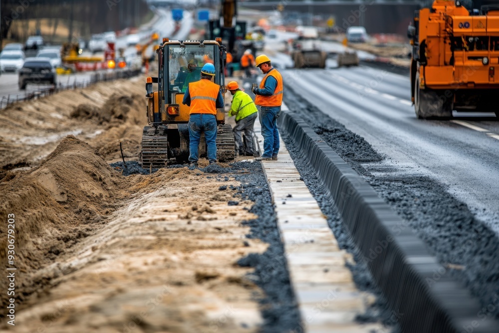 Road construction crew working on highway expansion project Road construction crew working on highway expansion project