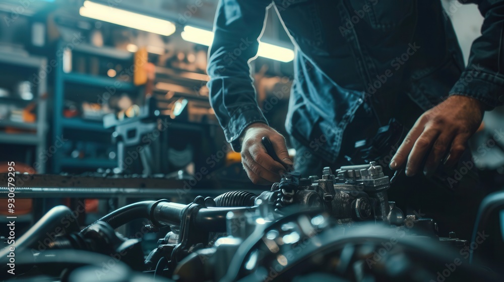 A skilled mechanic conducts a computer diagnosis on a car while working on intricate engine repairs in a professional garage. Generative AI A skilled mechanic conducts a computer diagnosis on a car while working on intricate engine repairs in a professional garage. Generative AI