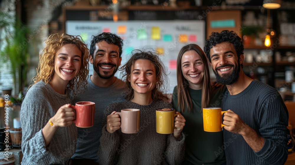 Office workers raising their coffee mugs in a toast, standing by a whiteboard with successful project plans. Office workers raising their coffee mugs in a toast, standing by a whiteboard with successful project plans.