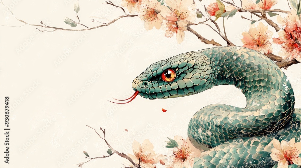Obraz premium Vibrant Green Snake Amidst Blossoming Branches - Serene Wildlife Illustration