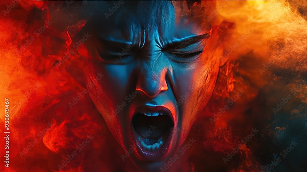 Intense Portrait of a Screaming Woman Amidst Vivid Orange and Red Smoke Effects Intense Portrait of a Screaming Woman Amidst Vivid Orange and Red Smoke Effects