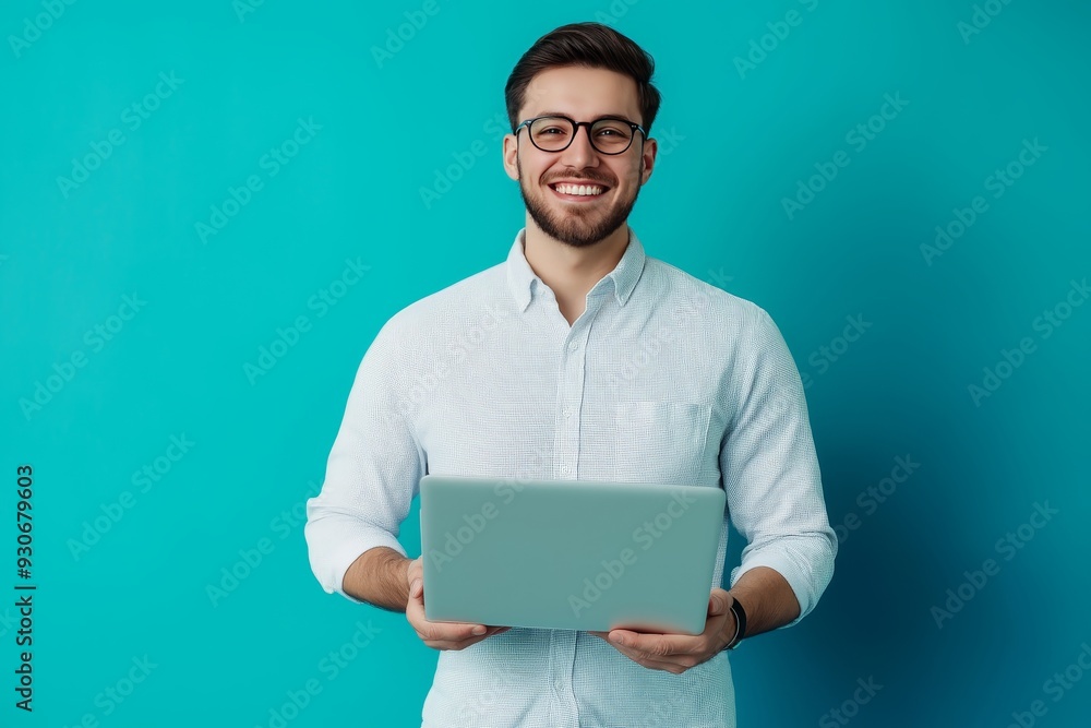 Happy businessman with laptop smiling, using wireless technology for networking on blue background Happy businessman with laptop smiling, using wireless technology for networking on blue background