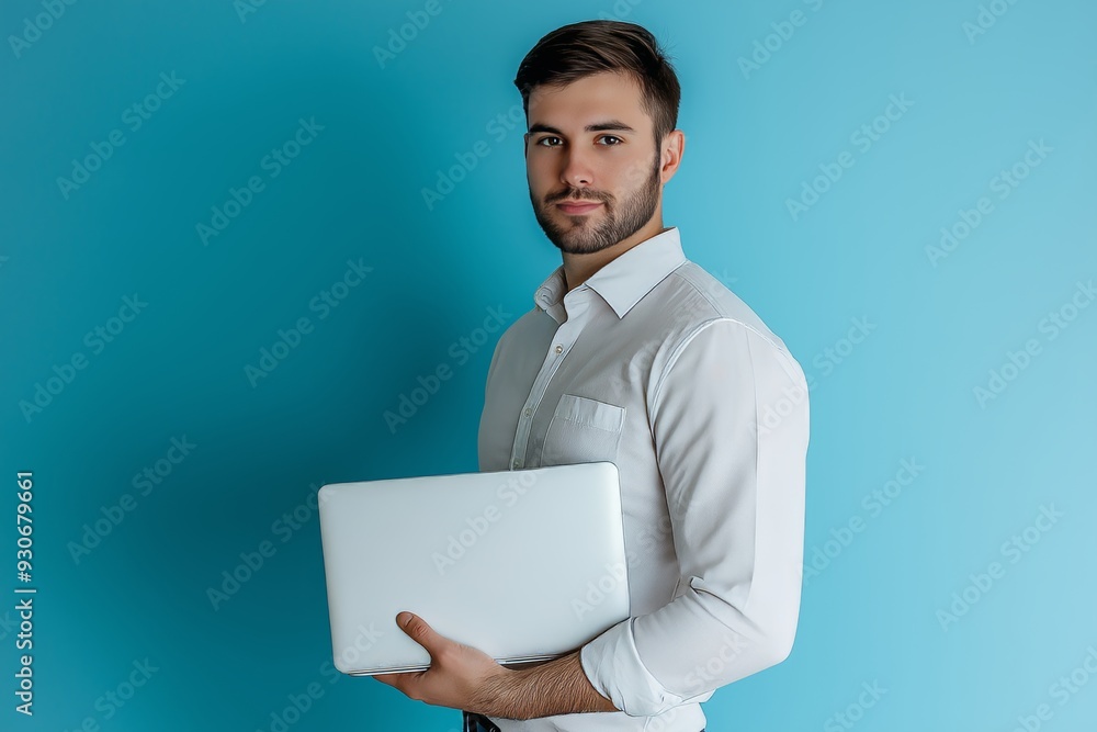 Confident individual with netbook in pocket, posing on blue background full size image Confident individual with netbook in pocket, posing on blue background full size image