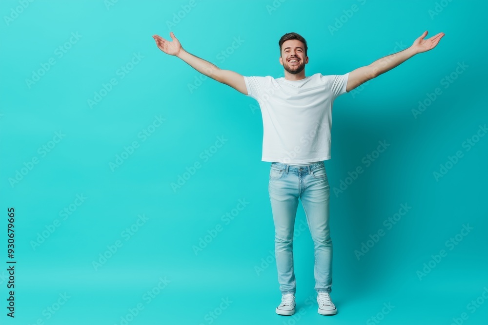 Happy man showing empty space on blue backdrop, demonstrating with joy and cheerfulness Happy man showing empty space on blue backdrop, demonstrating with joy and cheerfulness
