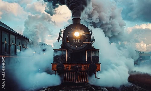 A vintage steam locomotive train chugs through clouds of steam, illuminating the tracks with a bright light. photo