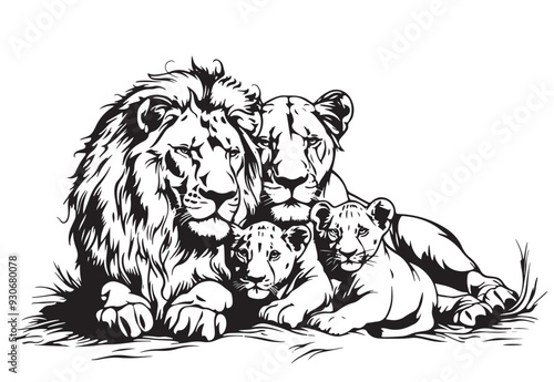 Animals set. Lion family lion and cub. Sketch. Engraving style. Vector illustration.