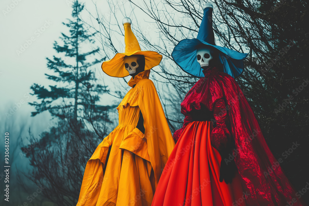 Two women dressed in yellow and red costumes stand in front of a tree Two women dressed in yellow and red costumes stand in front of a tree