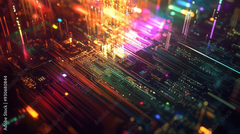 Obraz premium AI word on microchip and colorful light spread with strong beam , AI concept with copyspace banner background, Generative AI.