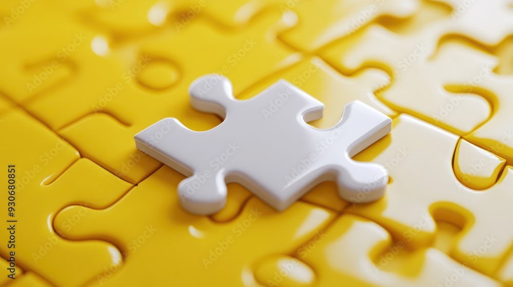 Fototapeta premium An isolated white puzzle piece fits into a yellow puzzle, illustrating the concepts of teamwork and integration