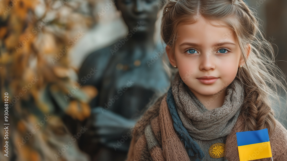 A young girl holding a small Ukrainian flag, standing in front of a statue or memorial dedicated to Ukraine's independence, with a solemn yet hopeful expression, with copy space A young girl holding a small Ukrainian flag, standing in front of a statue or memorial dedicated to Ukraine's independence, with a solemn yet hopeful expression, with copy space