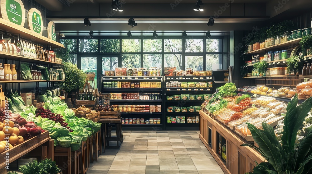 A well-stocked grocery store with fresh produce and a variety of packaged goods. The store is clean and inviting, with a bright and airy atmosphere. A well-stocked grocery store with fresh produce and a variety of packaged goods. The store is clean and inviting, with a bright and airy atmosphere.