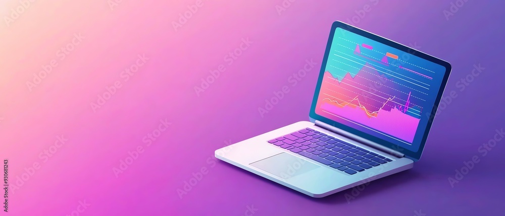 A modern laptop displaying colorful data patterns against a vibrant gradient background, perfect for tech and finance themes. A modern laptop displaying colorful data patterns against a vibrant gradient background, perfect for tech and finance themes.