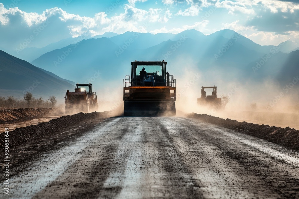 Road construction with heavy machinery in mountains Road construction with heavy machinery in mountains
