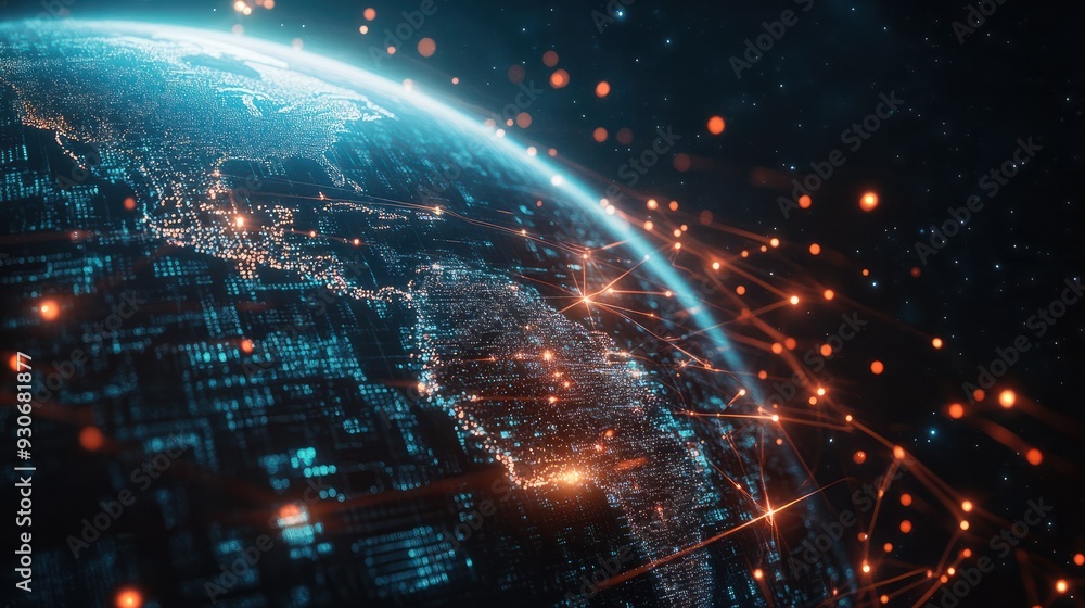 Earth with illuminated connection lines on a digital data background, showcasing global network and internet technology communication in realism Earth with illuminated connection lines on a digital data background, showcasing global network and internet technology communication in realism