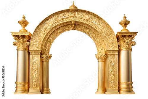 Golden Ornamental Arch with Columns Isolated on Transparent Background