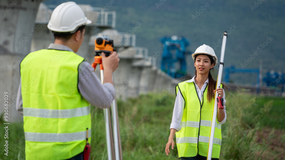 Survey team is working with a theodolite and road construction plans. Civil engineers are taking measurements with surveying tools during the construction. Survey team is working with a theodolite and road construction plans. Civil engineers are taking measurements with surveying tools during the construction.