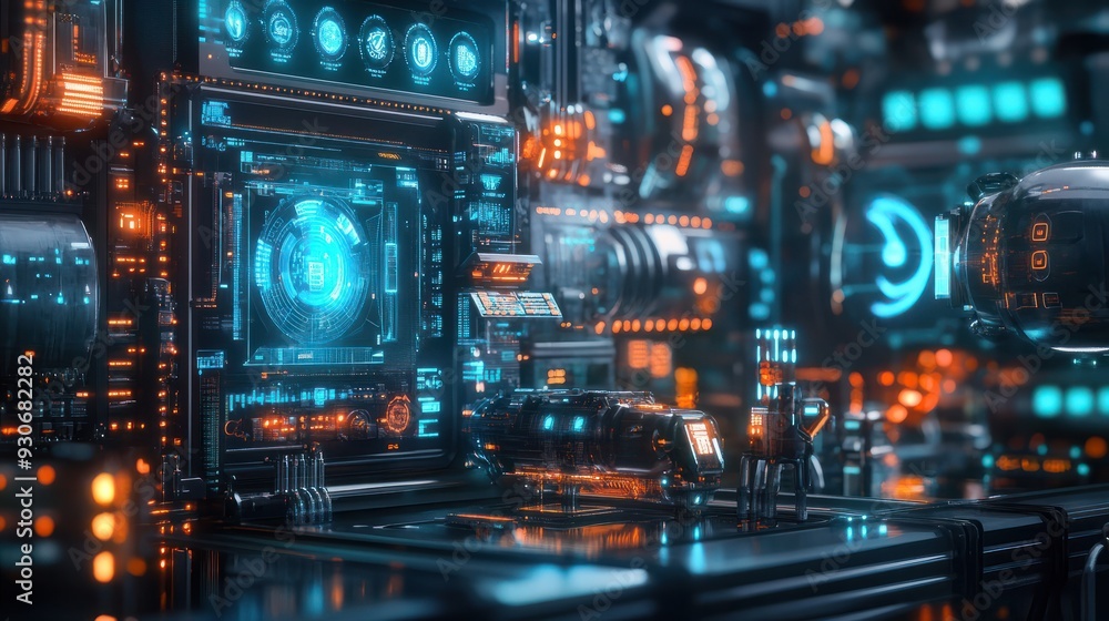 Obraz premium Glossy cyber supply chains: Innovative cyber security technology depicted in photo realistic digital art, showcasing structured and advanced digital assets. Stock Concept