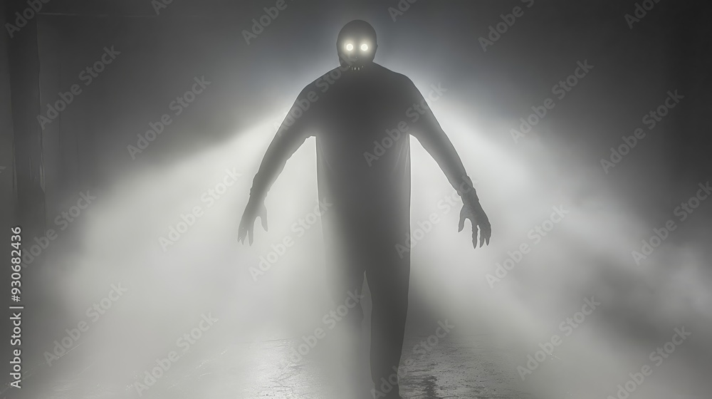 Fototapeta premium Glowing-Eyed Figure Emerging from Fog