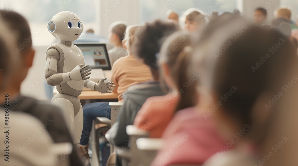 humanoid robot teacher pointing at a smart board filled with animated infographics, while students engage using tablets and smart notebooks. humanoid robot teacher pointing at a smart board filled with animated infographics, while students engage using tablets and smart notebooks.