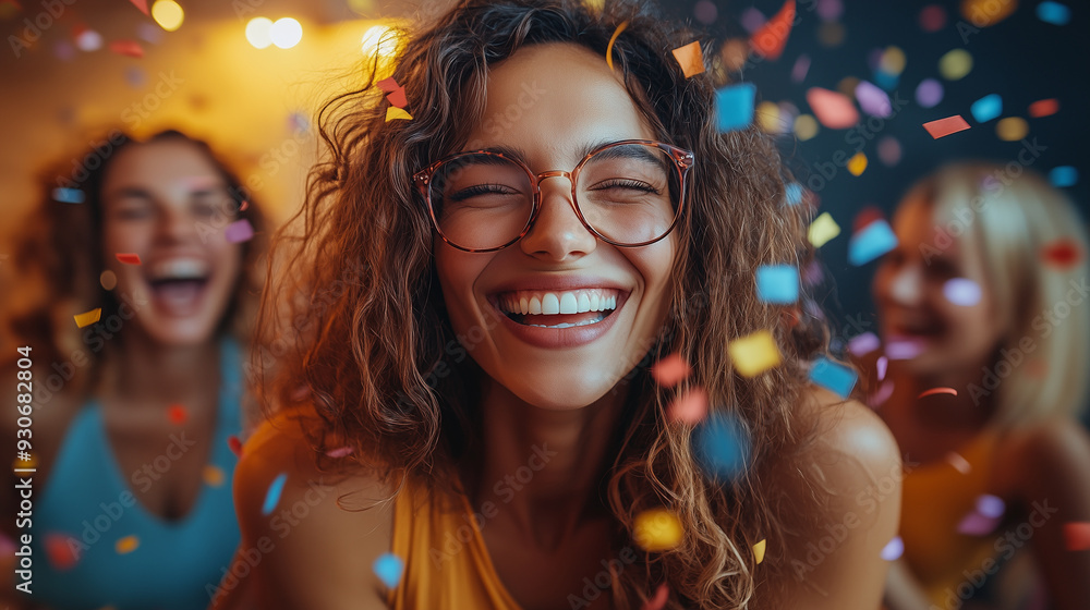 Colleagues hugging and celebrating in a modern office space, confetti falling around them. Colleagues hugging and celebrating in a modern office space, confetti falling around them.