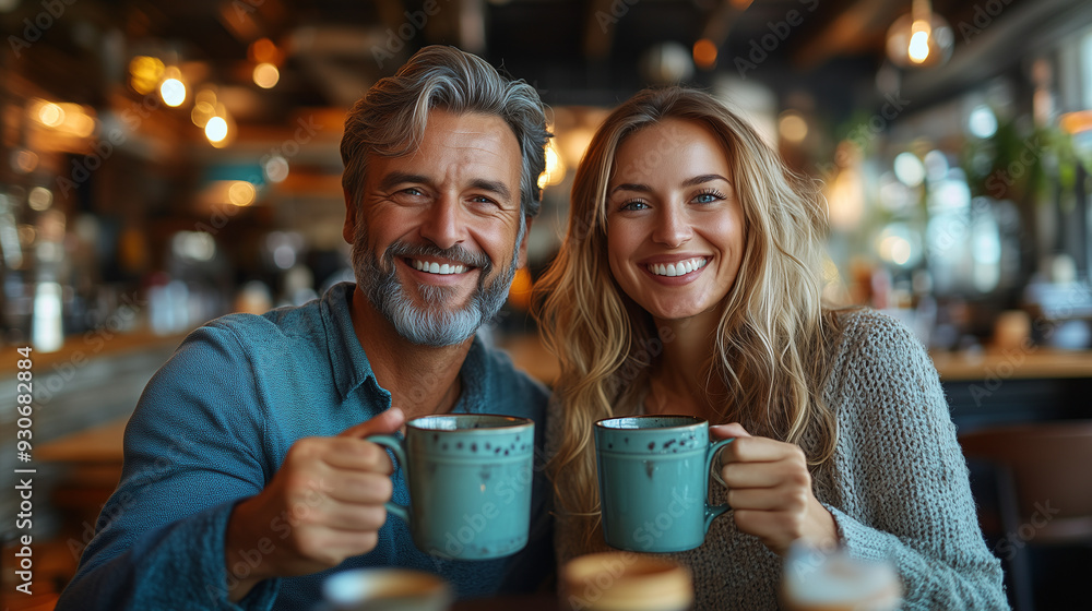 Business partners clinking their coffee mugs together in the office, smiles all around.