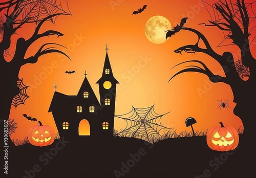 Halloween Background with Spooky House, Spider Web, and Pumpkins Under an Orange Sky