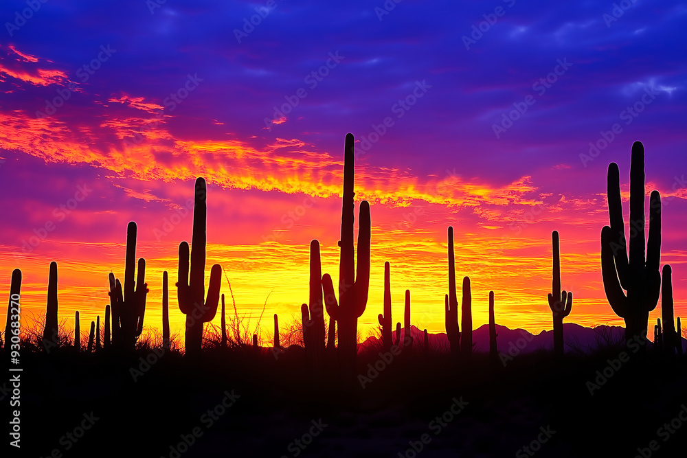 Purple sunset view of cactus in the desert Purple sunset view of cactus in the desert