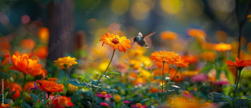 Hummingbird Hovering Beside Bright Flower in Vibrant Garden. Hummingbird Hovering Beside Bright Flower in Vibrant Garden.