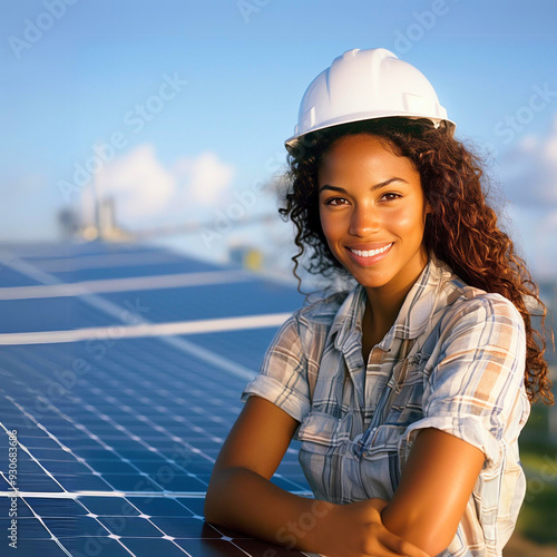 portrait of smiling african american engineer & solar panels on the roof; producing / setuping photovoltaic panels company representant; copy space photo