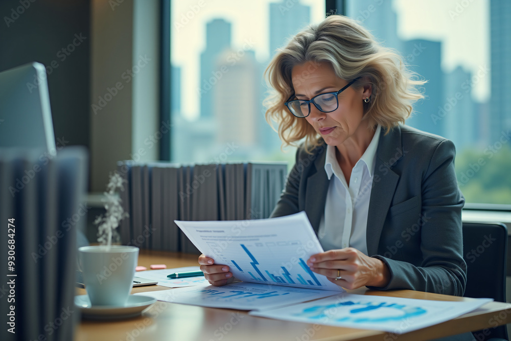 Woman data analyst reviewing papers at modern office desk Woman data analyst reviewing papers at modern office desk