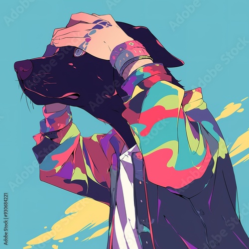 Labrador wearing vibrant jacket with hands on head in surreal style photo