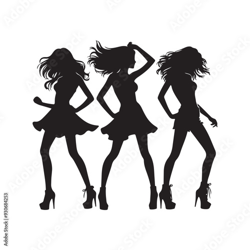 Silhouettes of dancing girls Black and white vector illustration