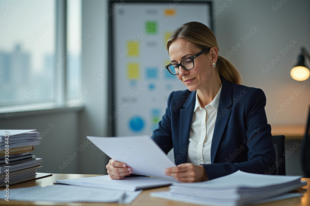 Middle aged auditor reviewing documents in office Middle aged auditor reviewing documents in office