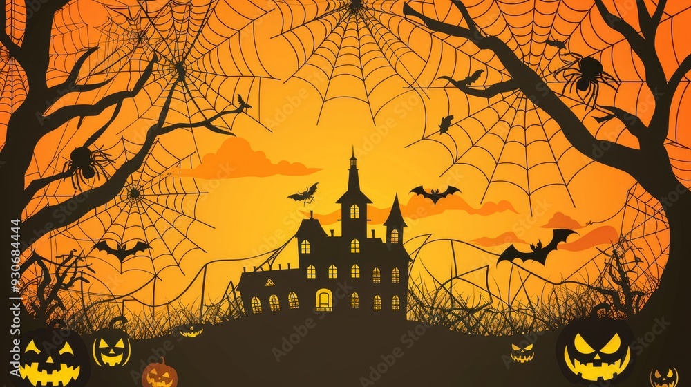 Black witch house in forest trees without leaves and horror pumpkins with bats and spider net on it Black witch house in forest trees without leaves and horror pumpkins with bats and spider net on it
