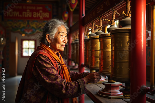 Elderly Tibetan woman spinning prayer wheels in Buddhist temple photo