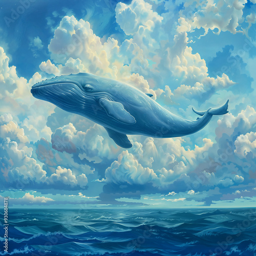 Humpback whale swimming through the clouds in the sky