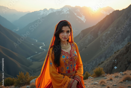 Kurdish woman in traditional dress on mountain peak