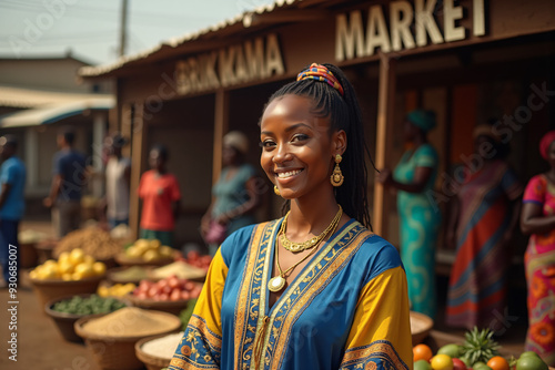 Smiling Gambian woman in blue and yellow kaftan at Brikama Market