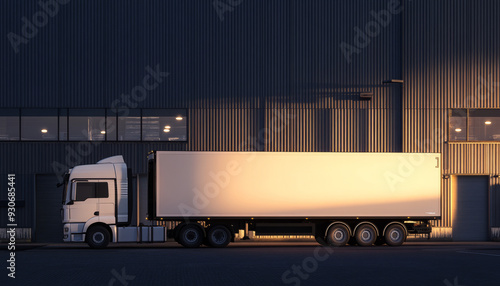 A large white truck is parked in front of an industrial warehouse, capturing the essence of logistics and freight transport.

