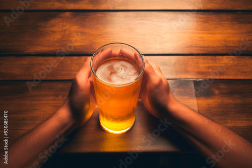 Close-up of a hand holding a mug of beer in a beer bar environment. photo