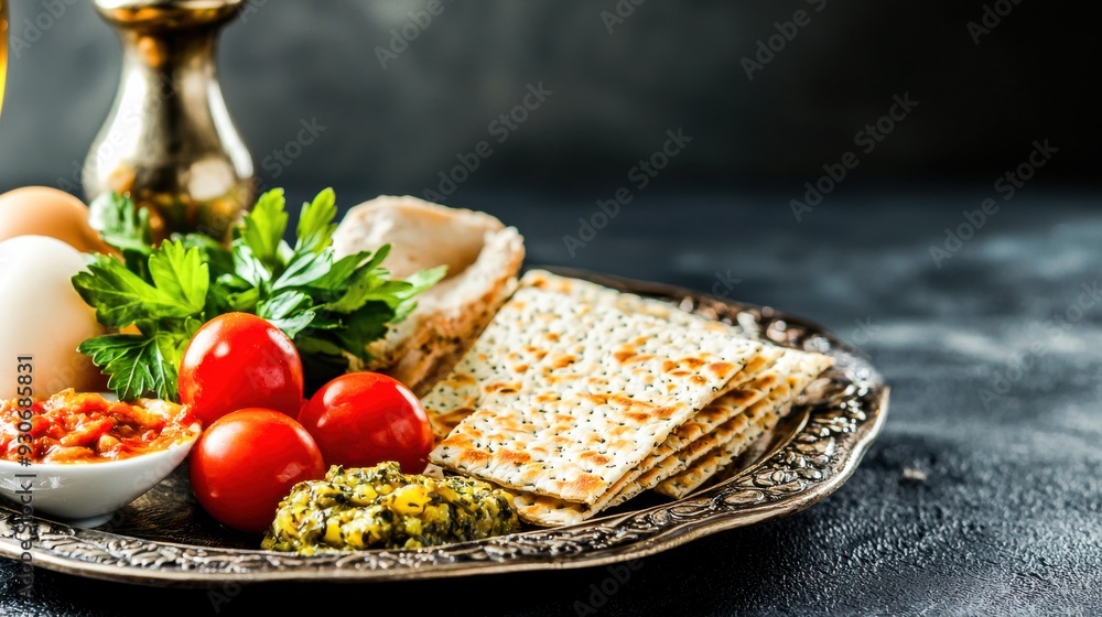 Passover Seder plate with traditional foods and matzah on a dark ...